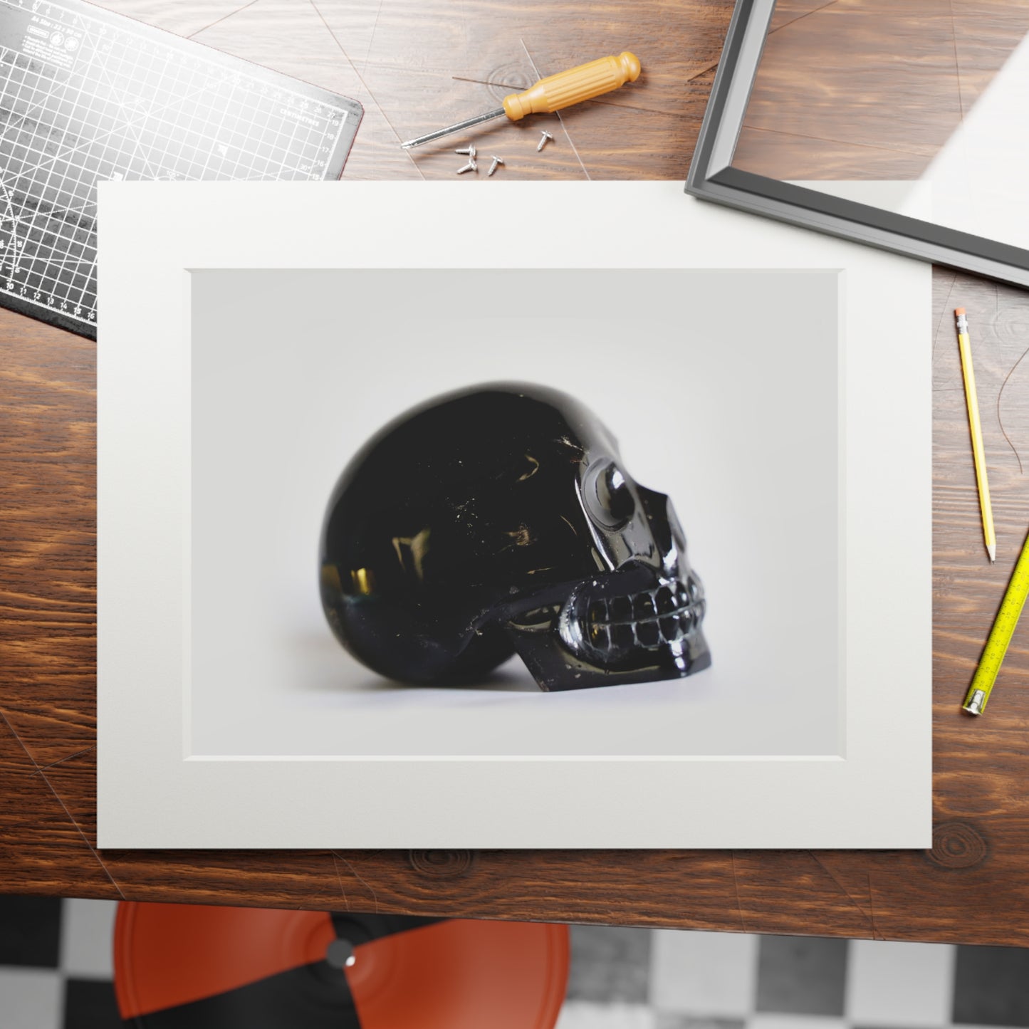 Black Quartz Skull - Fine Art Print and Passepartout Paper Frame