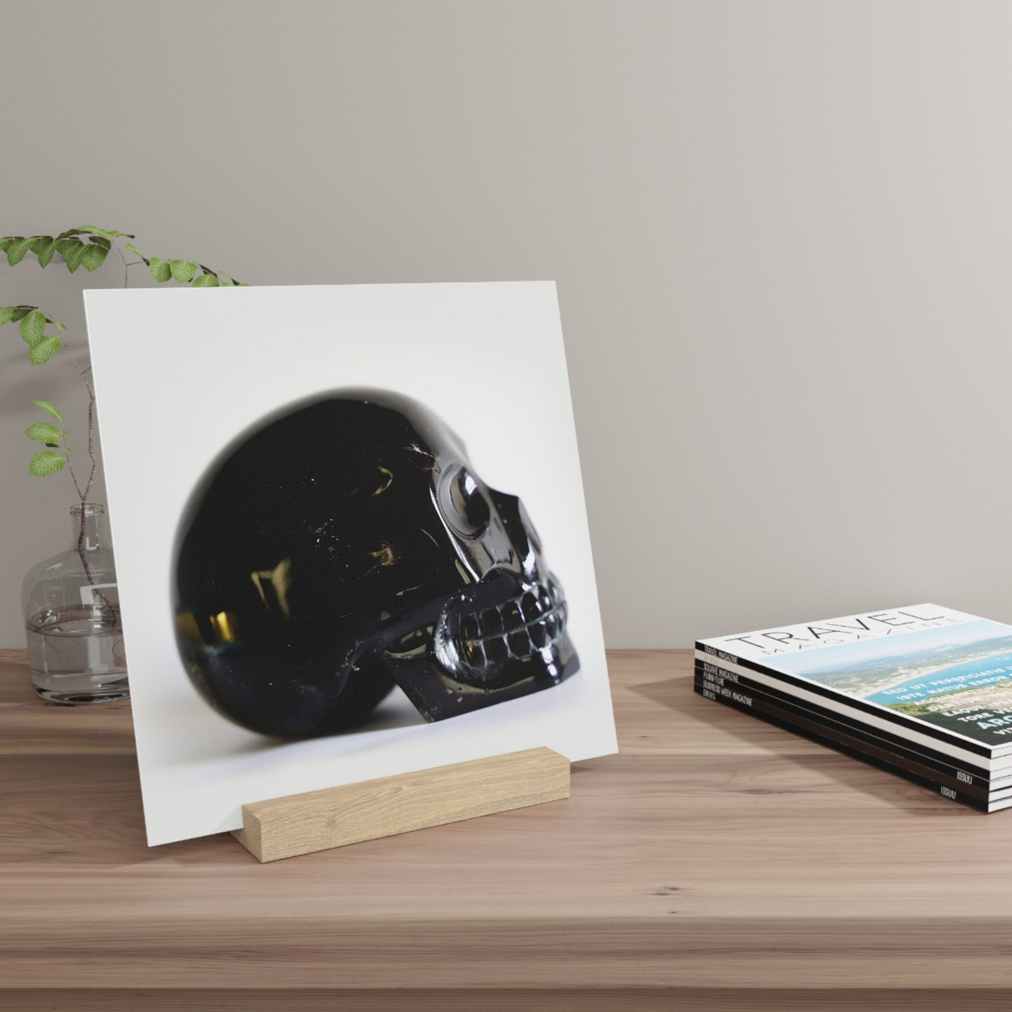 Black Quartz Skull - Print with Wooden Stand