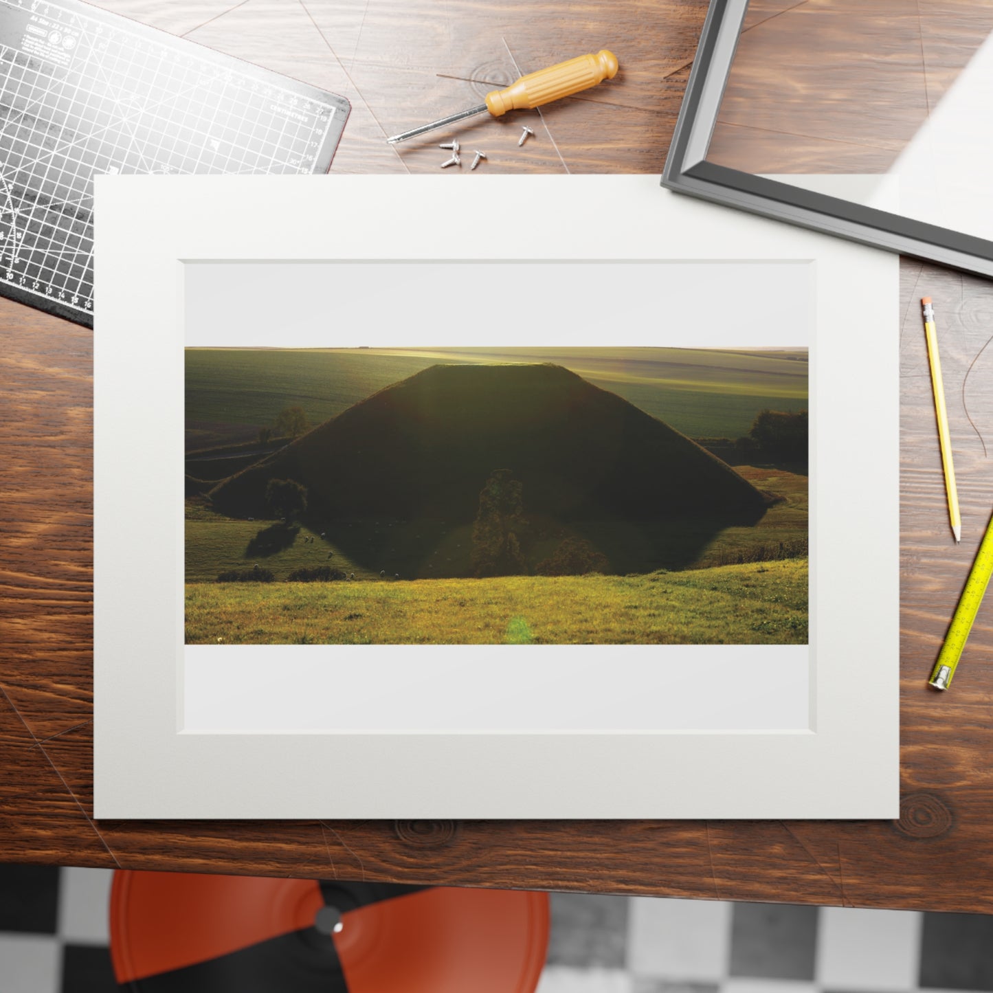 Silbury Hill in the sunshine | Fine Art Print with Passepartout Paper Frame