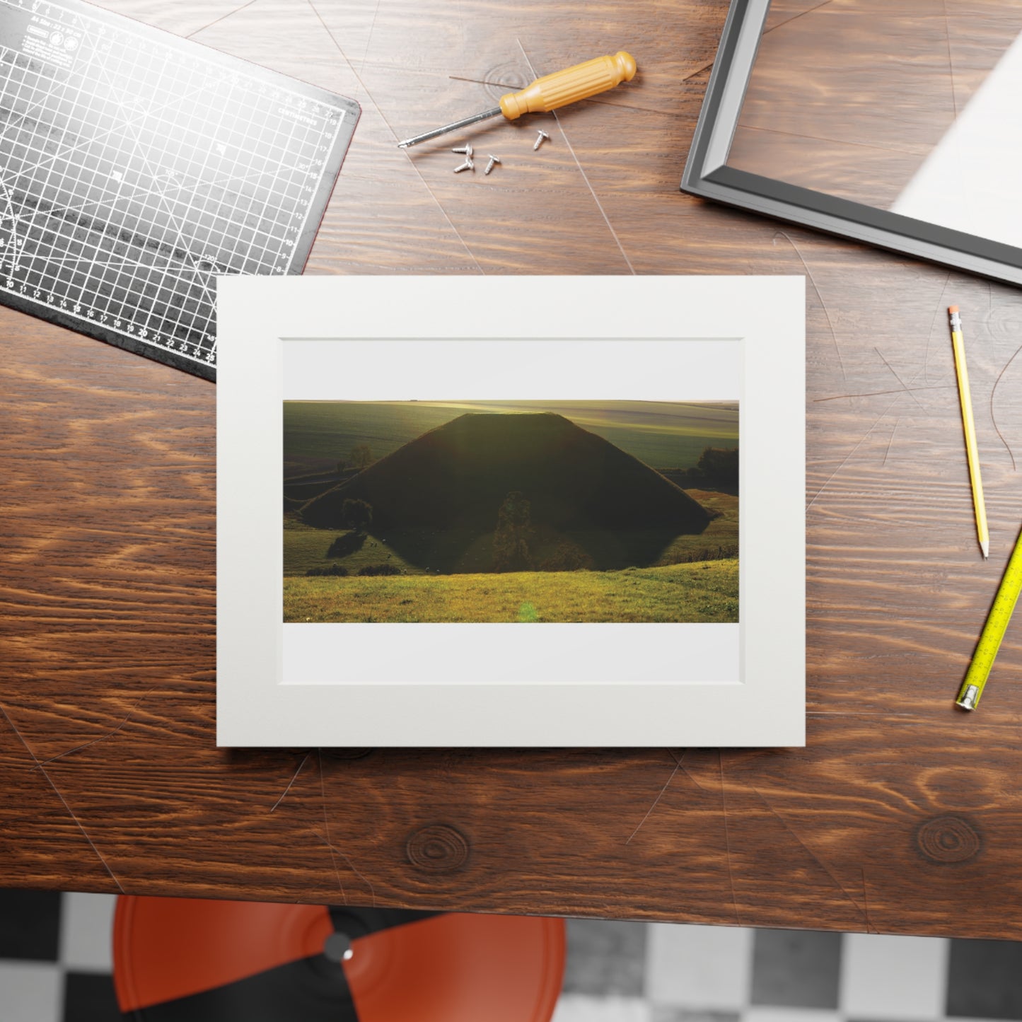Silbury Hill in the sunshine | Fine Art Print with Passepartout Paper Frame