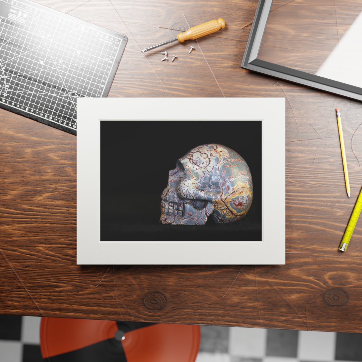 Dendritic Mirror Skull  -  Fine Art Print and Passepartout Paper Frame