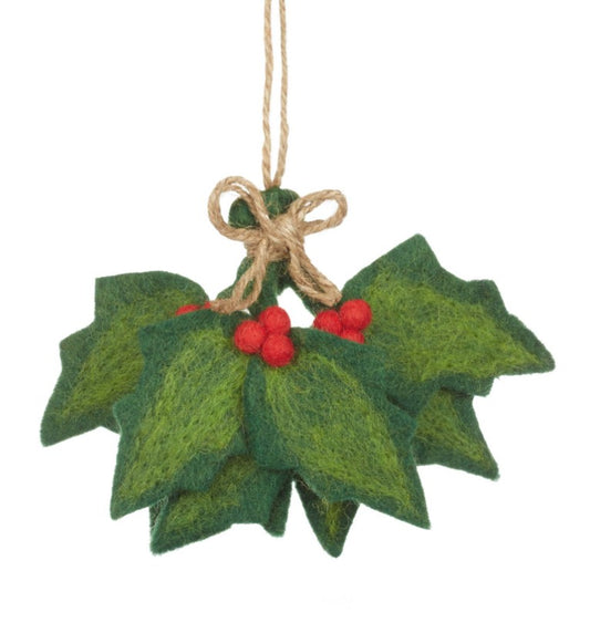 Holly Sprig Christmas Hanging Decoration (Handmade Felt Biodegradable)