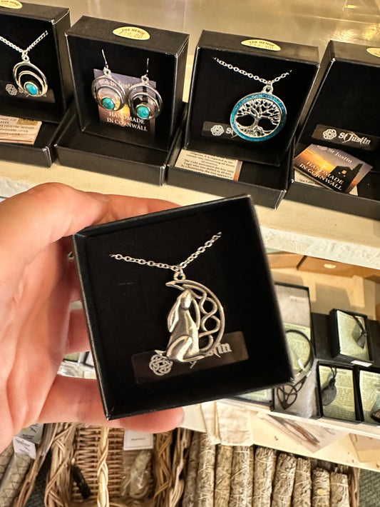 Pewter Hare in Moon Necklace (PN696)