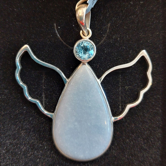 Silver Angel Pendant - Angelite & Blue Topaz