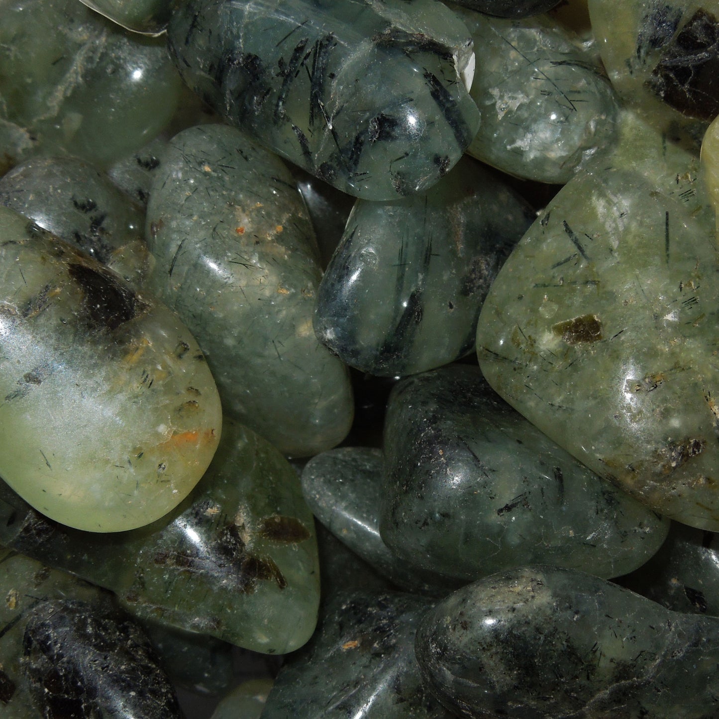 Tourmilated Prehnite tumble stone